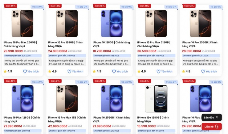Giá bán iPhone 16 tại một hệ thống bán lẻ. 