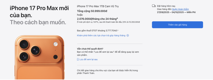 Apple Store Online tại Việt Nam lùi thời gian giao hàng, khi đặt lúc 19h10. Ảnh chụp màn hình