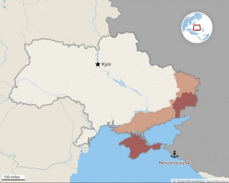 Novorossiysk nằm cách tiền tuyến trong cuộc xung đột Nga - Ukraine khoảng 400 km. (Đồ họa: Euro Maidan Press)