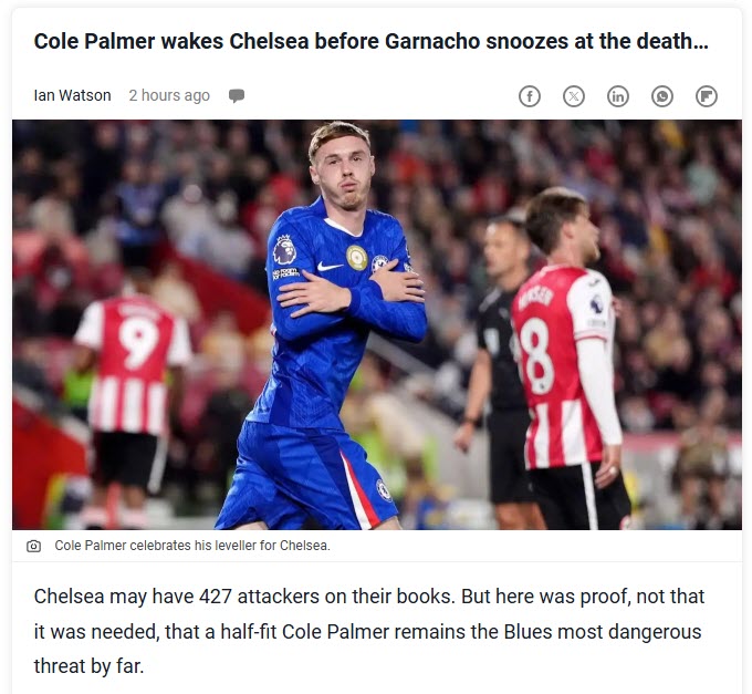 Dòng tít bài viết của Football364: "Palmer đánh thức Chelsea trước khi Garnacho gáy đúng lúc sắp hết trận"