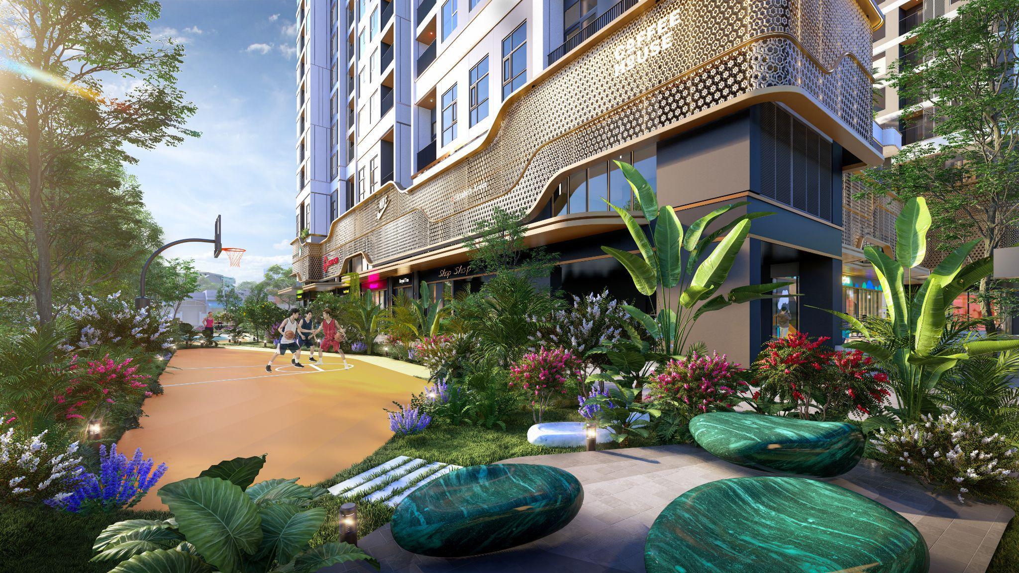 Không gian tầng trệt tại The Emerald 68 được khai thác tối ưu với chuỗi tiện ích vận động ngoài trời đa dạng, liên hoàn và không lặp lại.