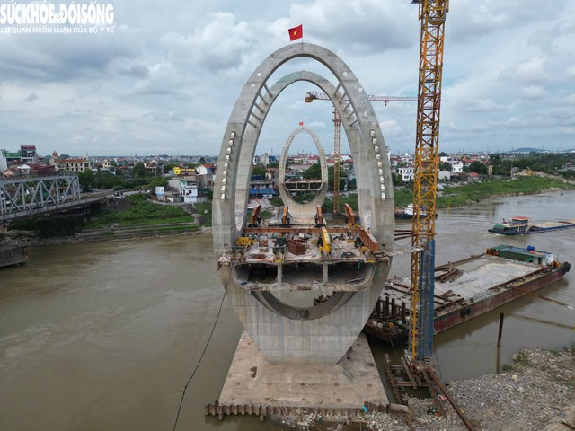 Hai trụ cầu có thiết kế lạ mắt, độc đáo với 2 vòng khối hình elip nối các dây văng với thành cầu.