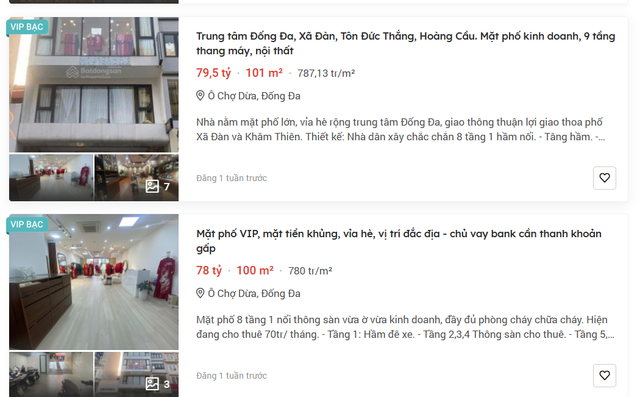 Không chỉ phố cổ, nhiều tuyến phố mới như Xã Đàn, Láng Hạ… cũng ghi nhận giá nhà phố tăng cao. Ảnh chụp màn hình.
