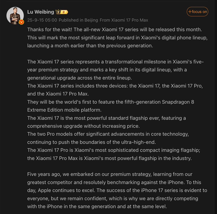 Thông báo của chủ tích Xiaomi Lu Weibing