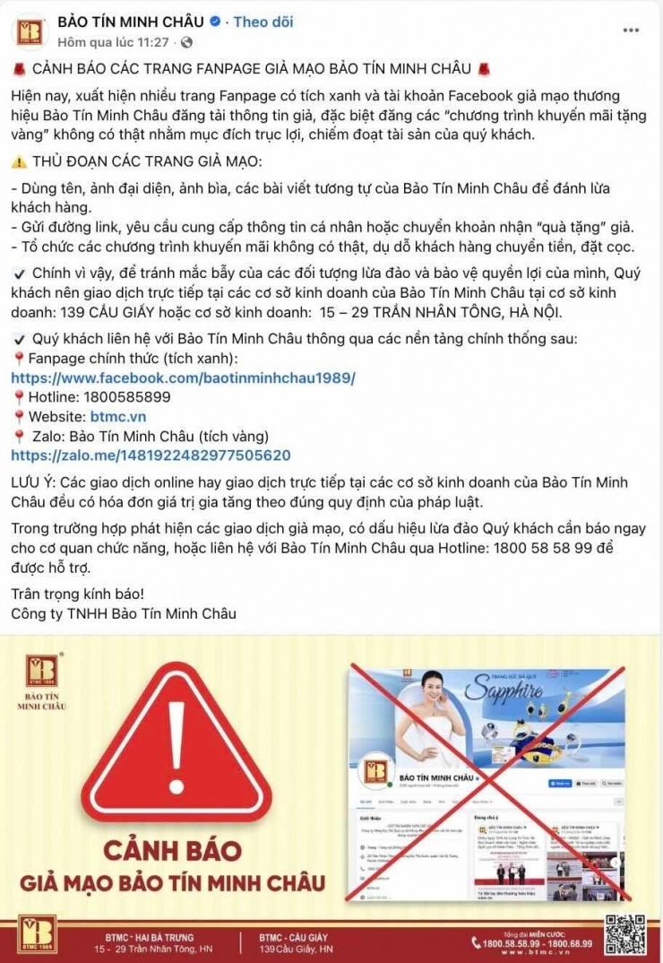 Bảo Tín Minh Châu cảnh báo các trang fanpage có tích xanh giả thương hiệu của doanh nghiệp.