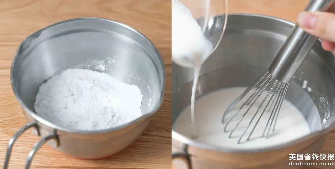Cho bột nếp, bột gạo tẻ, bột bắp, đường bột vào âu, trộn đều. Đổ từ từ sữa tươi vào, vừa đổ vừa khuấy đến khi hỗn hợp mịn, không vón cục.