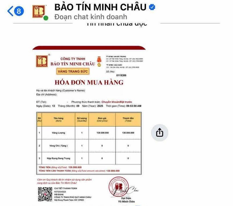 Hoá đơn giả mạo có số tài khoản của các đối tượng nhằm lừa đảo chiếm đoạt tài sản của người dân mua vàng trên mạng.