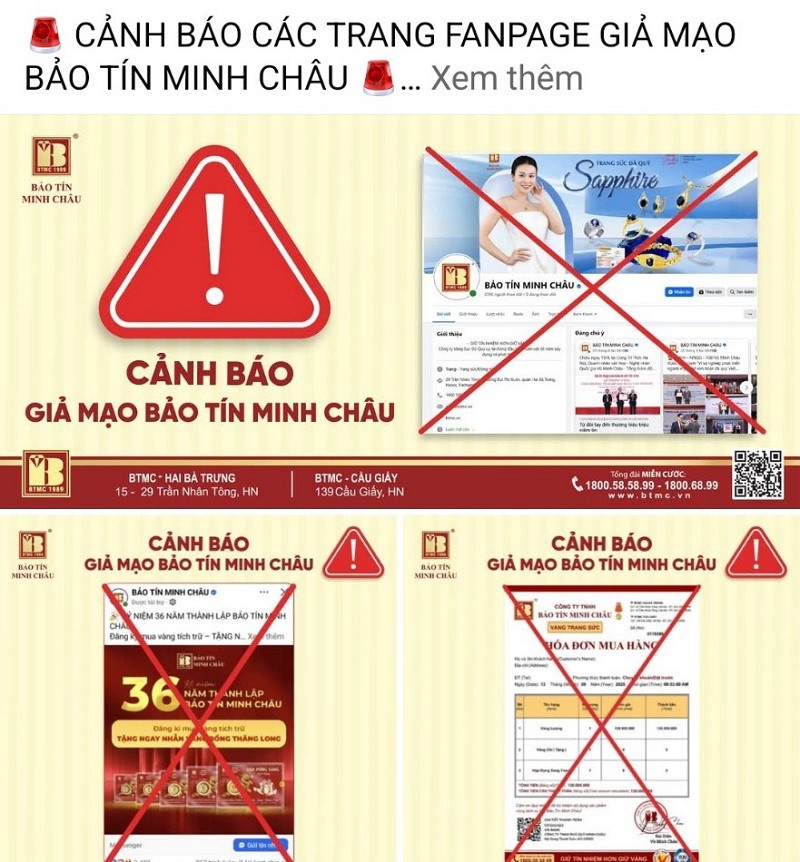 Bảo Tín Minh Châu cho biết đã nhận được phản ánh của 11 khách hàng bị lừa đảo chiếm đoạt tài sản từ trang mạng facebook mạo danh đơn vị này. (Ảnh chụp màn hình)
