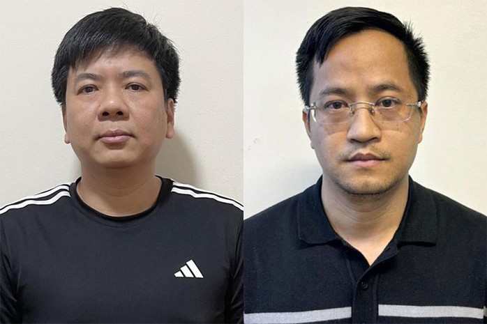 Bị can Nguyễn Ngọc Thủy và Đặng Văn Hiển (Trưởng ban quan hệ cổ đông Công ty EGame) . Ảnh: Bộ Công an