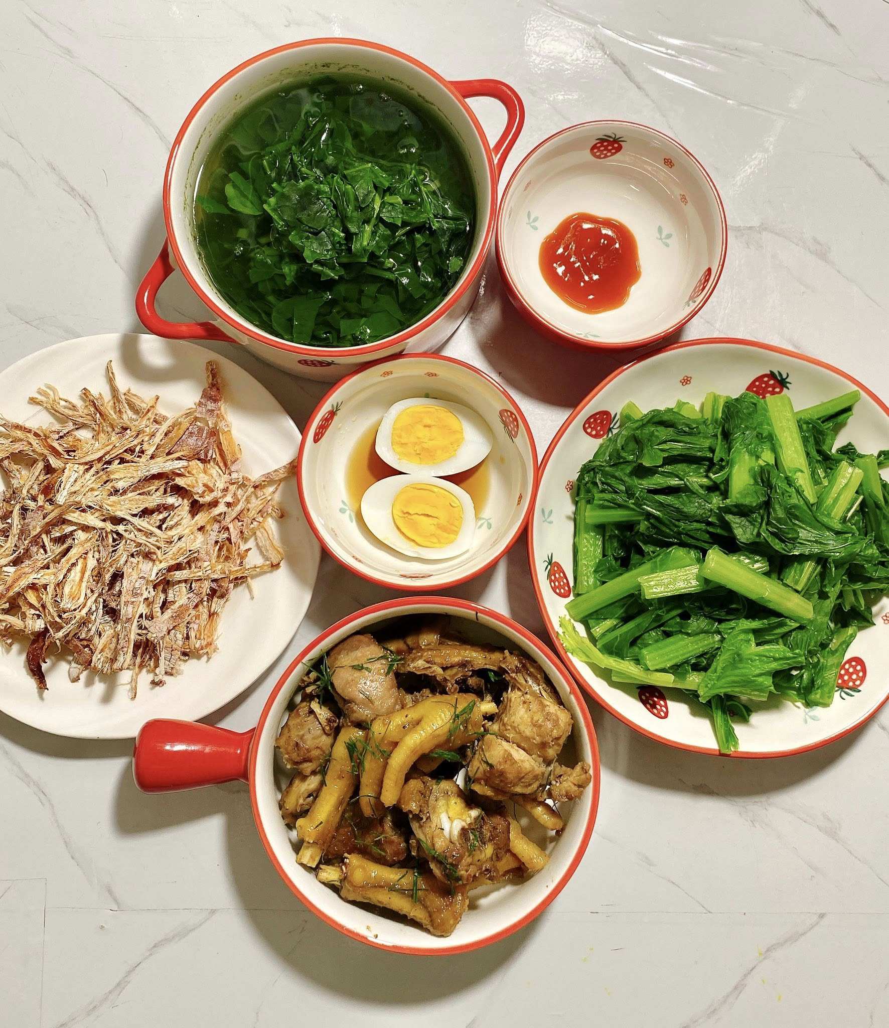 Gà rang - Mực khô - Cải mèo luộc - Canh mồng tơi
