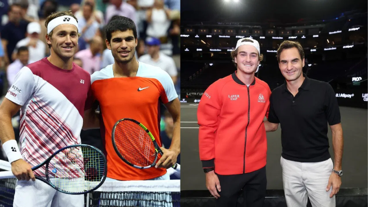 Ruud hồ hởi đón Alcaraz (bên trái), Fonseca mừng rỡ khi gặp thần tượng Federer (bên phải) tại Laver Cup