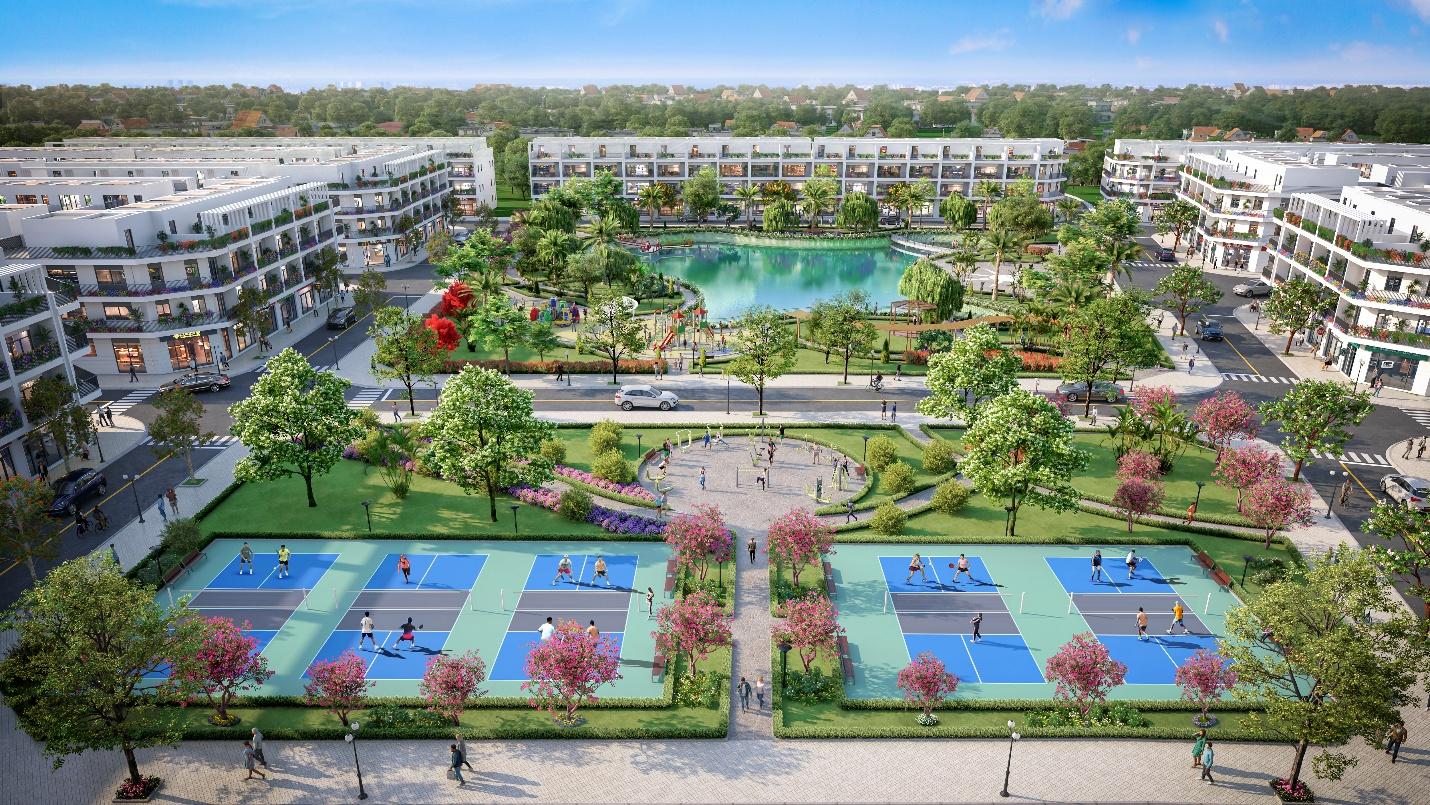 Tổ hợp tiện ích đồng bộ tại EcoLake Thái Nguyên: công viên hồ điều hòa, khu sinh hoạt cộng đồng, trung tâm thương mại và không gian xanh hiện đại.