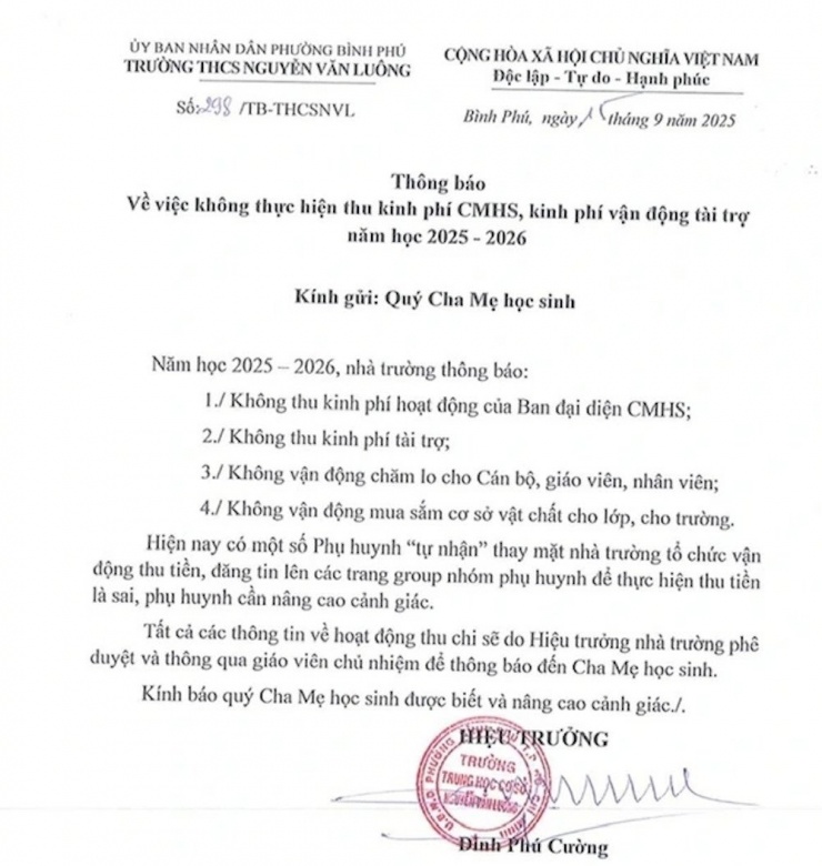 Hiệu trưởng nhà trường cảnh báo hiện nay có một số phụ huynh tự nhận là thay mặt nhà trường tổ chức vận động thu tiền, đăng tin lên các nhóm để thu tiền là sai, phụ huynh cần nâng cao cảnh giác.