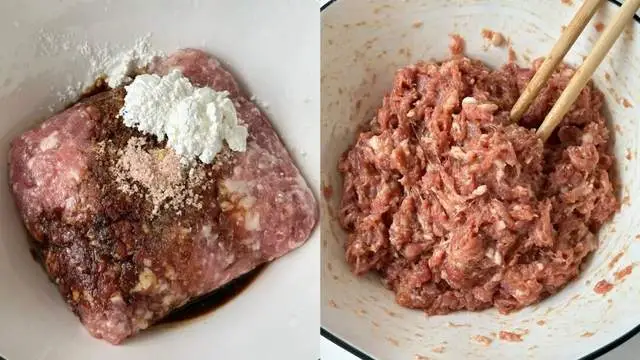 Thịt băm cho vào tô, thêm gia vị gồm nước tương, hắc xì dầu, tiêu trắng, bột gừng, muối, bột bắp. Dùng đũa hoặc thìa trộn đều theo một chiều đến khi thịt có độ dẻo.
