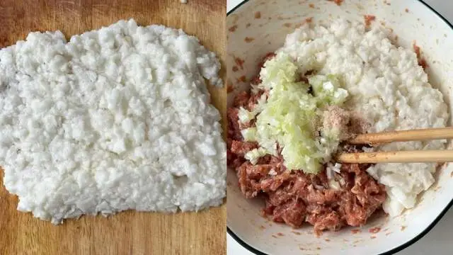 Khoai từ gọt vỏ, rửa sạch, đập dập rồi cho vào trộn cùng thịt băm và hành lá, nêm thêm một chút muối.