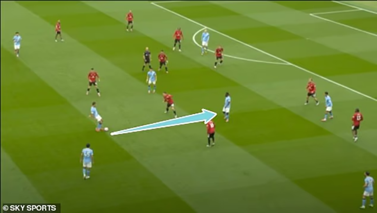 Trong quá trình dẫn đến bàn thắng mở tỷ số của Man City, Rodri (có bóng) đã có thể vượt qua Ugarte bằng đường chuyền đơn giản dài 5m tới Doku, người sau đó có thể quay lại và chạy về phía hàng phòng ngự của MU trước khi chuyền bóng cho Phil Foden ghi bàn.