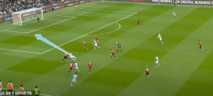Trong bàn thắng thứ hai của Man City, Doku đã có đường chuyền tuyệt vời để Erling Haaland dứt điểm nhưng khoảng trống để lại ở hàng tiền vệ là rất lớn.