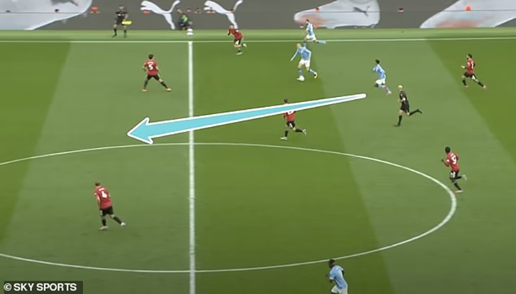 Sau đó, khi Man City đã dẫn 3-0, Bruno Fernandes đã không theo kịp Tijjani Reijnders, người đã thực hiện một pha chạy bóng đơn giản xuyên qua trung tâm hàng tiền vệ và hàng phòng ngự của MU trước khi Haaland tìm thấy anh ta bằng một đường chuyền. Suýt nữa Man City có bàn thứ 4 ở tình huống này.