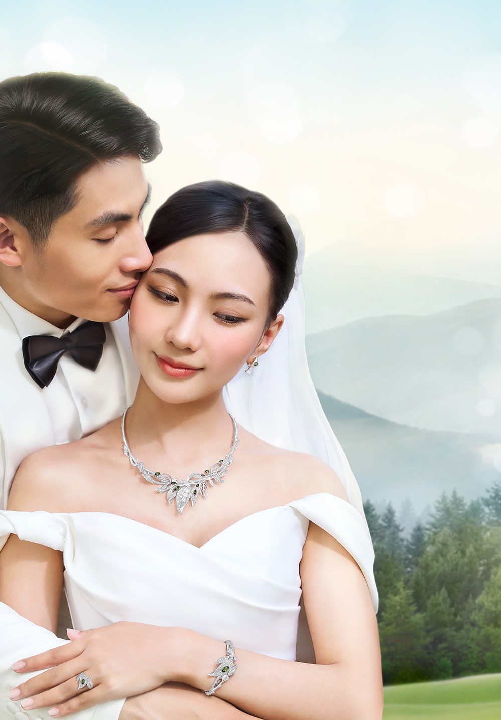 Khoảnh khắc nàng dâu bước vào lễ đường càng thêm rạng ngời với bộ trang sức kim cương Lá Ngọc Cành Vàng phiên bản giới hạn - Ảnh: PNJ.