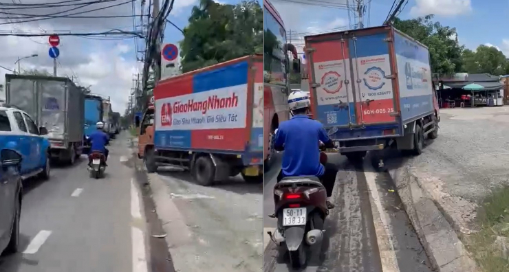 Hình ảnh xe tải leo vỉa hè khiến người đi đường bức xúc