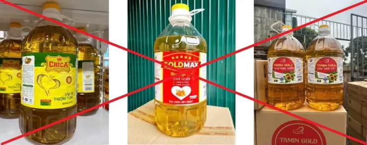 Dầu ăn giả, kém chất lượng nhãn hiệu “Gold Max”, “Tamin Gold”, “ChiCa”. Ảnh: Công an tỉnh Hưng Yên.