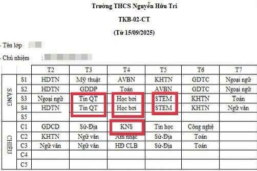 Thời khóa biểu của Trường THCS Nguyễn Hữu Trí (xã Tân Nhựt, TPHCM). Ảnh: NVCC