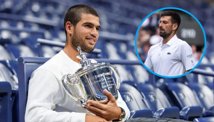 Djokovic (bên phải) có thể bị Alcaraz (bên trái) vượt qua về số tiền thưởng sự nghiệp 