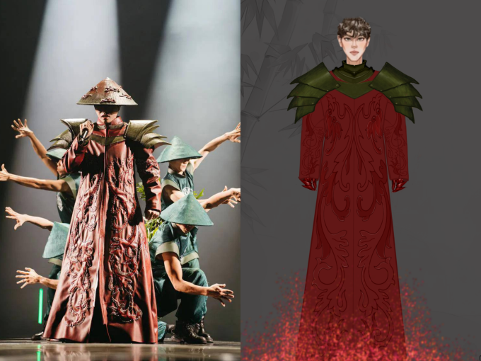 Bản phác thảo và trang phục hoàn thiện của Đức Phúc trên sân khấu.