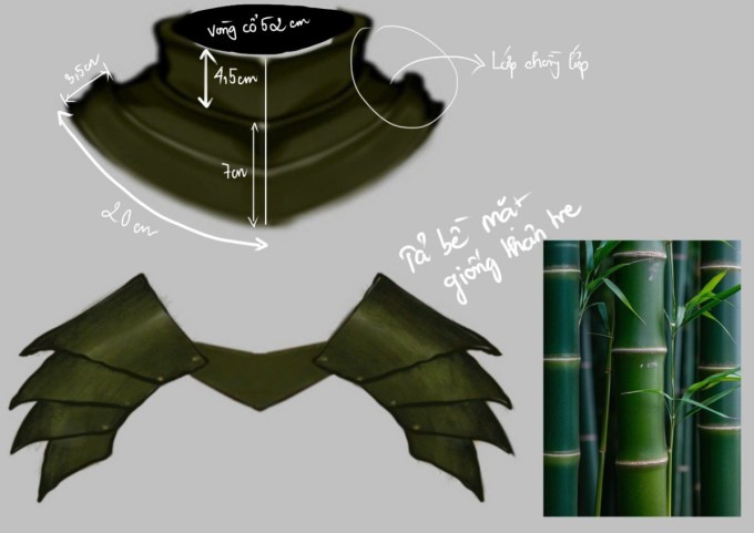 Các phụ kiện đi kèm ở cổ, vai, thực hiện dựa trên cảm hứng thân cây tre. Ảnh: Nhà thiết kế cung cấp