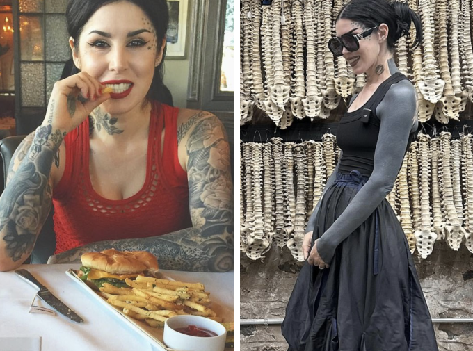 Hai cánh tay của Kat Von D lúc còn hàng trăm hình xăm cũ (bên trái) năm 2016 và sau khi được xăm đen kịt (blackout) đầu tháng 9/2025 (bên phải). Ảnh: Kat Von D/Instagram