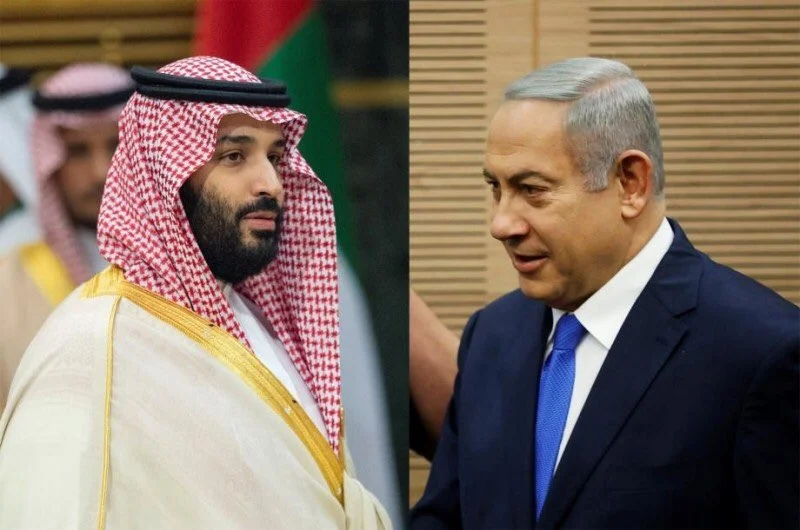 Thái tử Ả Rập Saudi Mohammed bin Salman và Thủ tướng Israel Benjamin Netanyahu. Ảnh: Law4palestine.org.