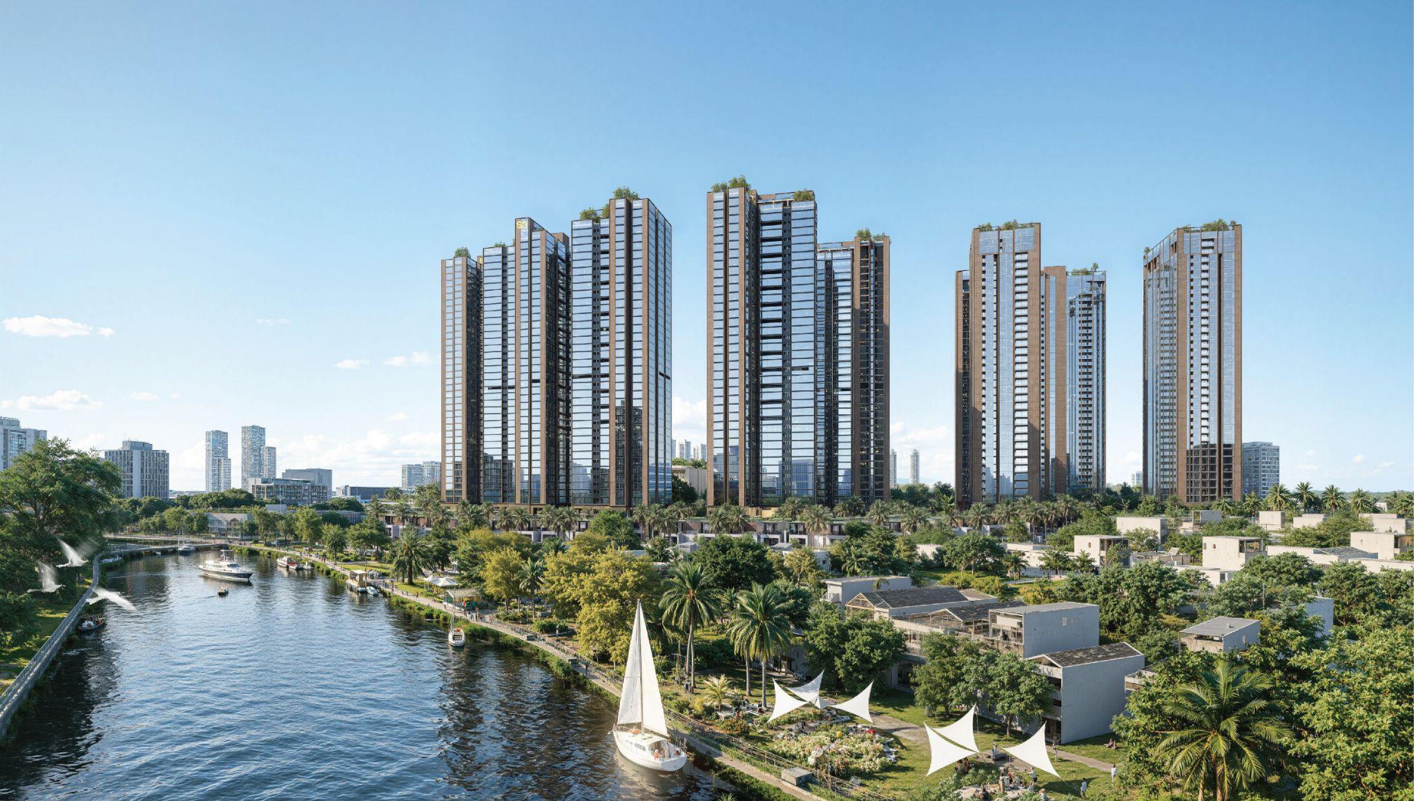 9 tòa tháp cao 26-38 tầng, với gần 3500 căn hộ cao cấp, sở hữu tầm nhìn không giới hạn hướng sông Cả Cấm, sông Sài Gòn…