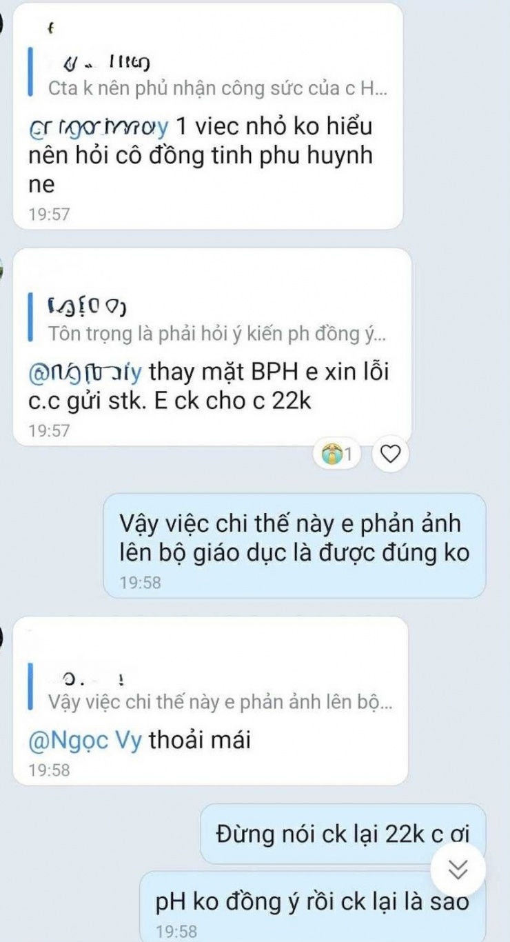 Ban đại diện phụ huynh đòi chuyển trả lại 22.000 đồng. Ảnh chụp màn hình trên Hội phụ huynh TPHCM