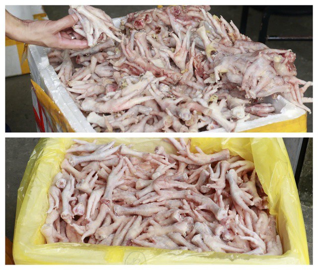 Số chân gà đông lạnh không rõ nguồn gốc bị lực lượng chức năng phát hiện.