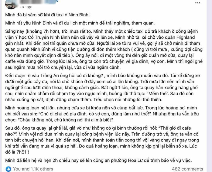 Chủ tài khoản B.M. chia sẻ thông tin vụ việc bản thân bị sàm sỡ khi tới Ninh Bình du lịch