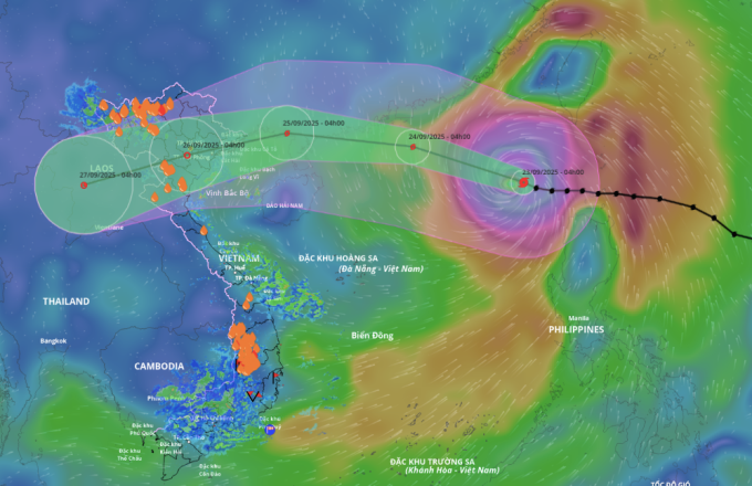 Dự báo hướng đi và vùng ảnh hưởng siêu bão, sáng 23/9. Ảnh: Hệ thống giám sát thiên tai