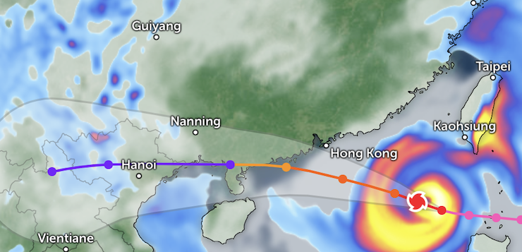 Dự báo đường đi của siêu bão Ragasa. Ảnh: Zoom Earth.