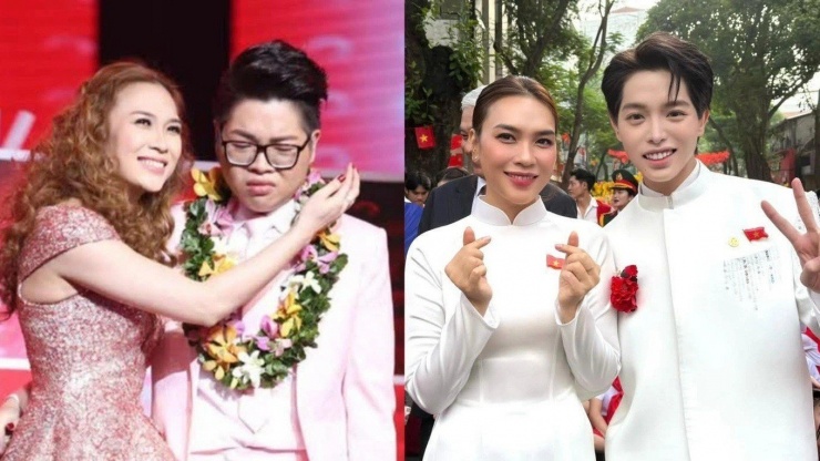 Khoảnh khắc của thầy trò Mỹ Tâm - Đức Phúc ở Giọng hát Việt 2015 (trái) và đại lễ A80.