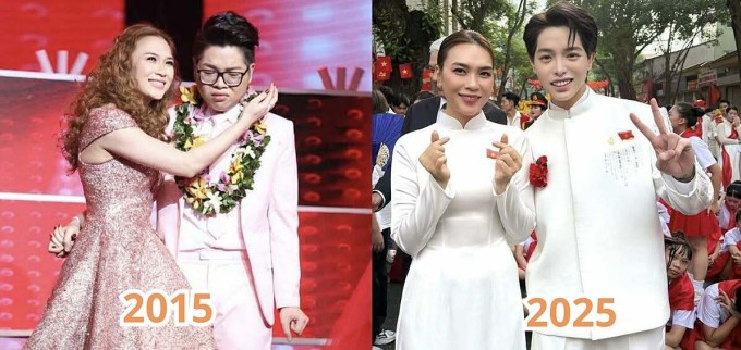 Đức Phúc hội ngộ Mỹ Tâm tại sự kiện tổng duyệt chào mừng Quốc khánh 2/9 ở Hà Nội. Anh chia sẻ khoảnh khắc ngày ấy - bây giờ bên đàn chị với nội dung: "10 năm trôi qua, biết ơn và tự hào khi con Đức Phúc được làm học trò của cô Tâm". Ảnh: Nhân vật cung cấp