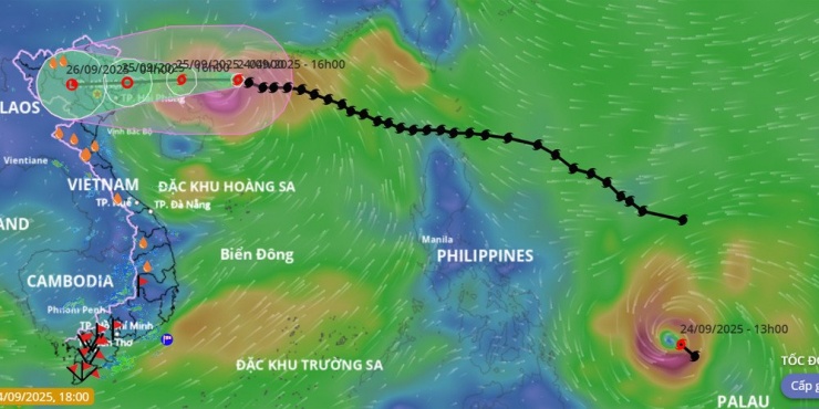 Hiện nay, bão số 9 Ragasa sắp vào Vịnh Bắc Bộ, còn bão Bualoi khả năng sắp tiến vào Biển Đông. Nguồn: VNDMS