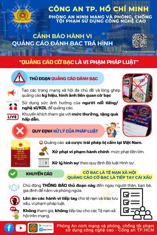 Thông tin cảnh báo của Công an TP Hồ Chí Minh về hành vi quảng cáo cờ bạc trá hình.