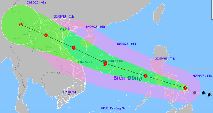 Dự báo hướng di chuyển của bão Bualoi. Ảnh: Trung tâm Dự báo khí tượng thủy văn quốc gia