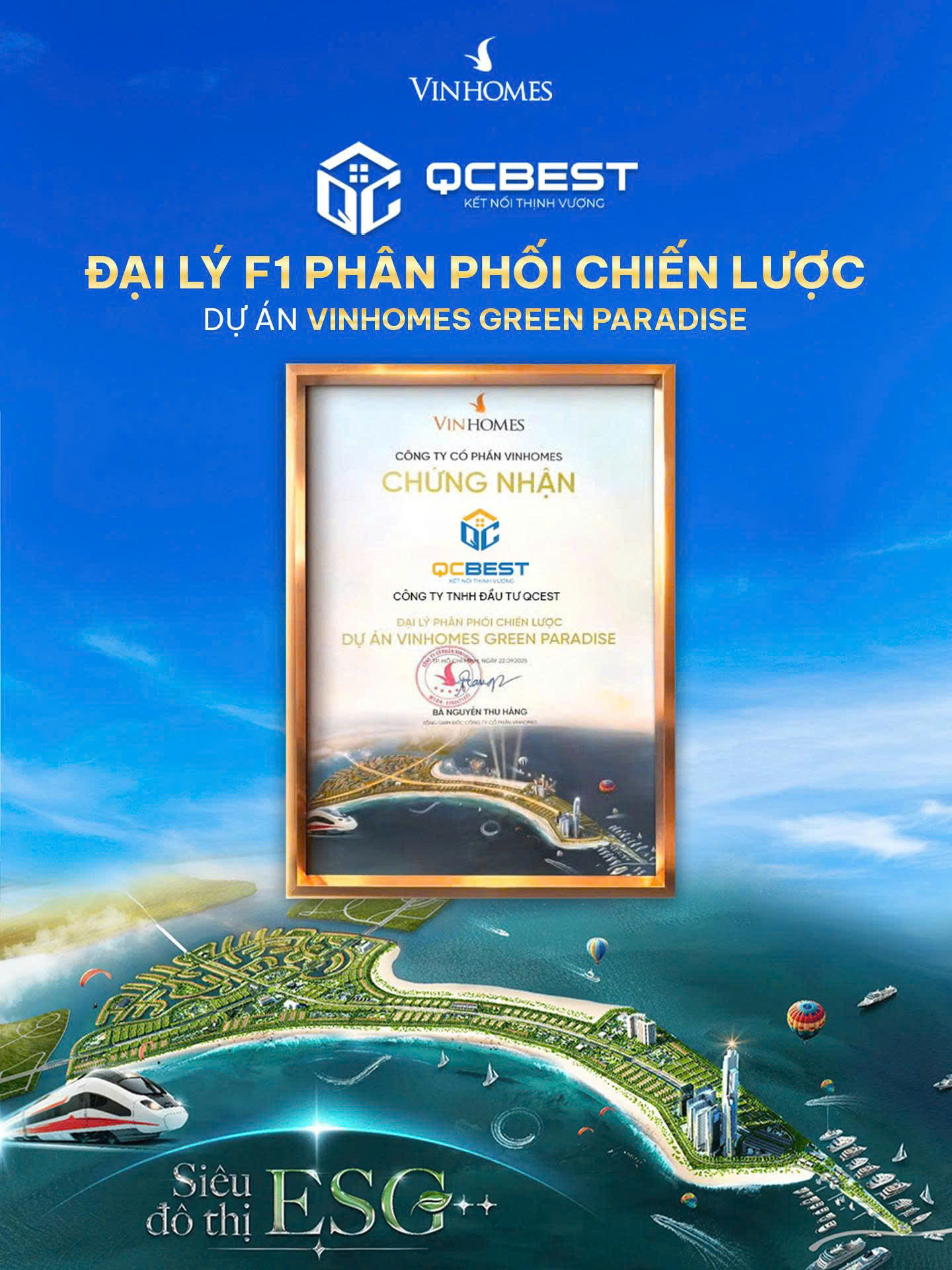 Chứng nhận đại lý F1 phân phối dự án Vinhomes Green Paradise Cần Giờ của QCbest