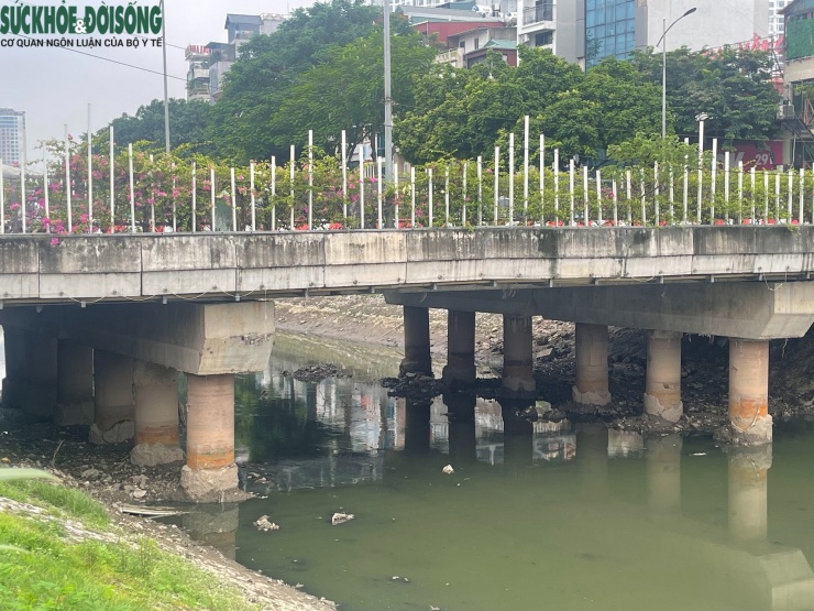 Trụ cầu vốn ngập dưới nước nay đã lộ rõ, nhiều vị trí trơ đáy.