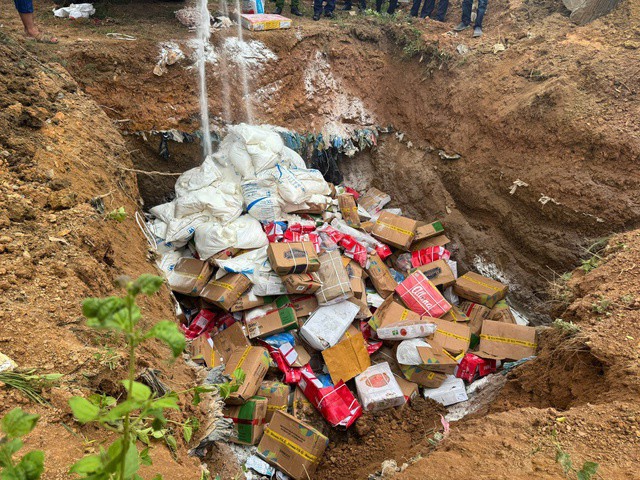 Cận cảnh hơn 5,3 tấn thực phẩm nhập lậu vừa được tiêu hủy tại Quảng Trị. Ảnh: Cục QL&PTTTTN