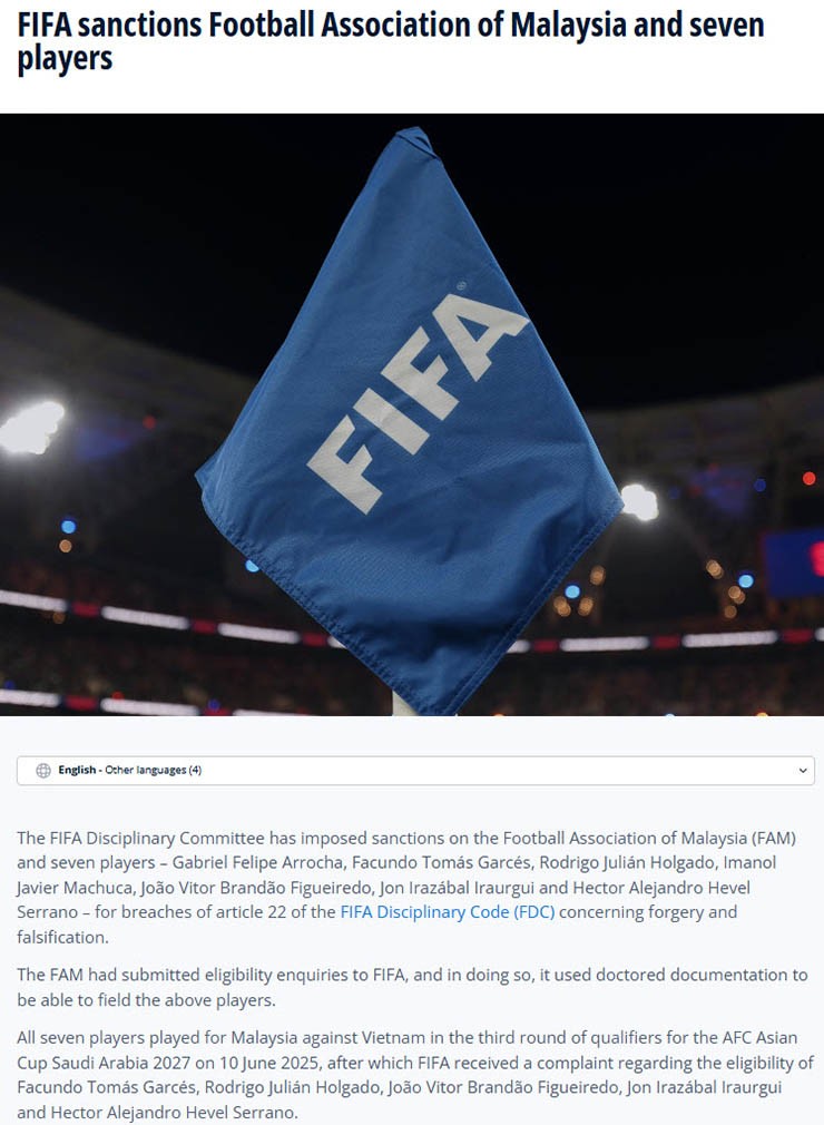 Trang chủ LĐBĐ Thế giới ra thông báo về án phạt với LĐBĐ Malaysia