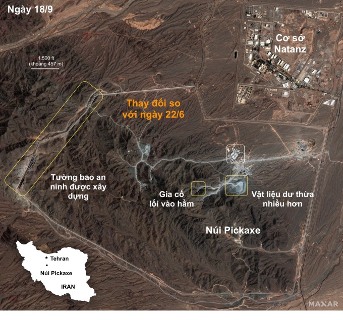 Những thay đổi quan sát qua ảnh vệ tinh ở công trình Núi Pickaxe của Iran ngày 18/9. Ảnh: Maxar