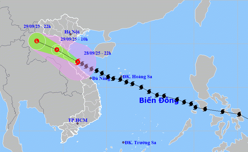 Hướng di chuyển của bão số 10 cập nhật đêm 28/9. Nguồn: NCHMF