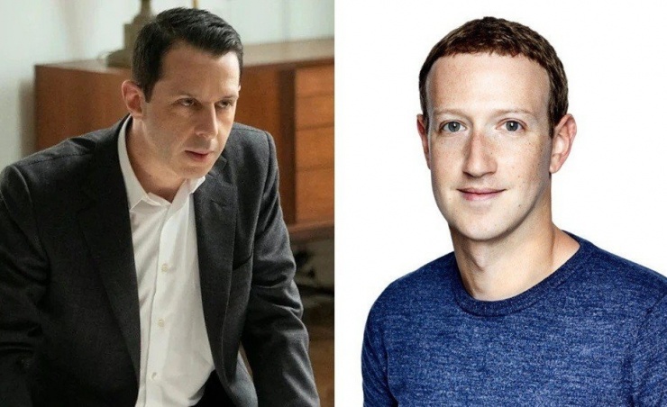 Jeremy Strong (trái) hóa thân Mark Zuckerberg (phải) trong The Social Reckoning.