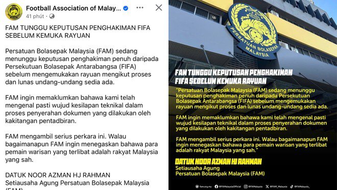 FAM thông báo đã phát hiện sai sót ở khâu hành chính, đã báo cáo và xin FIFA xém xét lại